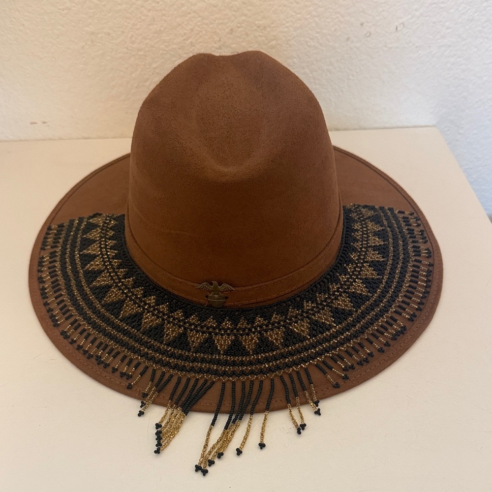 Brown Beaded Fringe Fedora Hat - Women Accessories- Made in Mexico